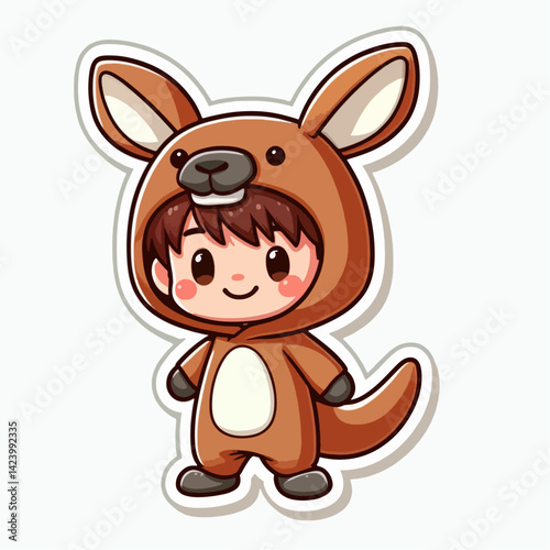 A cheerful cartoon boy wearing a brown kangaroo costume, standing straight, radiating happiness.