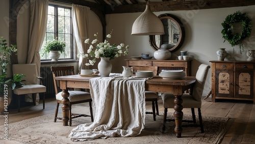 Oak table breathing under soft linen folds