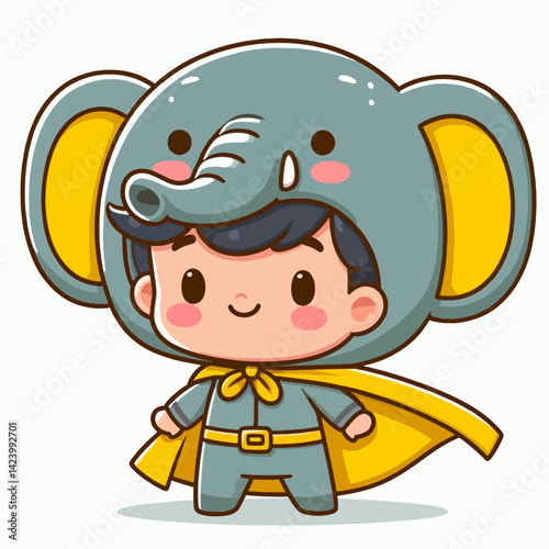 A cartoon boy in a gray elephant costume with a yellow cape, wearing a cheerful expression.