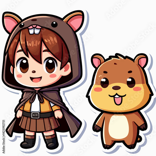 A chibi-style illustration of a girl wearing a rodent-like hood and a small hamster, both in appealing, cartoonish designs.