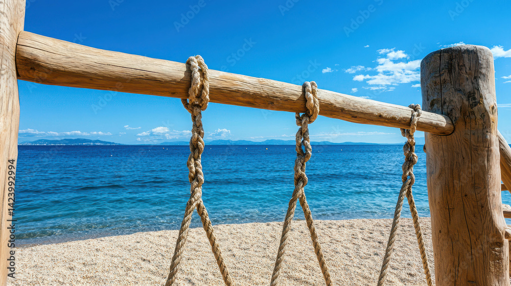 Obraz premium Wooden Rope Barrier with Ocean View Under Bright Blue Sky on a Sunny Day