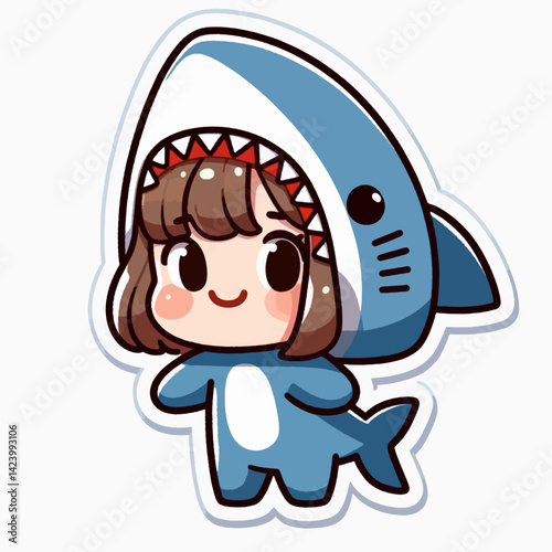 A cheerful cartoon girl dressed in a blue shark costume, perfect for stickers or digital designs.