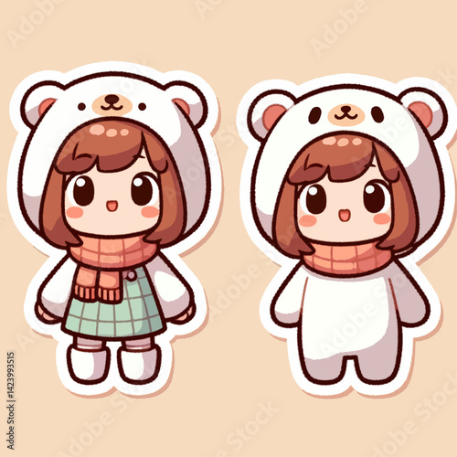 Two stylized, cartoon girls,  dressed in adorable polar bear costumes, perfect for winter themes.