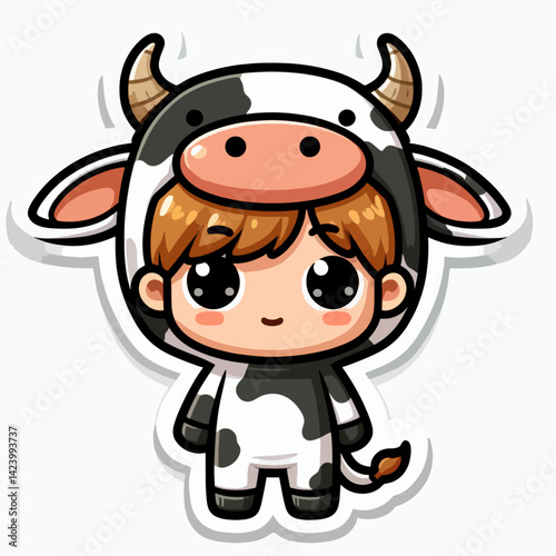 A cheerful, cartoon depiction of a young boy wearing a cow costume.