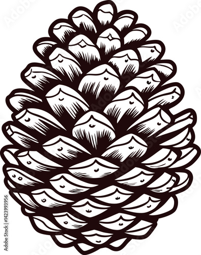 Detailed black and white drawing of pine cone for nature studies and botanical art.
