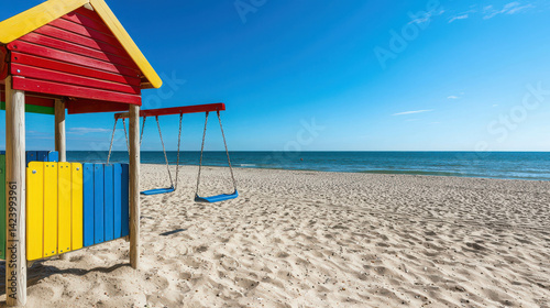 Colorful Playhouse and Swings on Sandy Beach Under Bright Clear Blue Sky