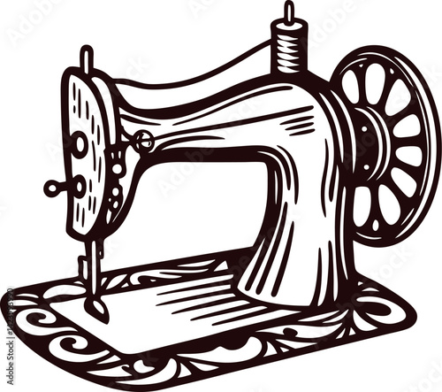 Vintage sewing machine with ornate details and hand crank design.