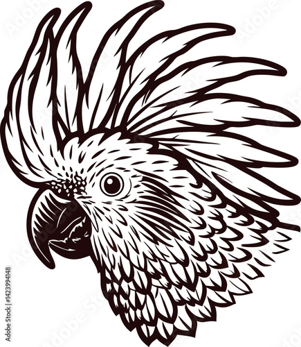Intricate black and white of a cockatoo with detailed plumage.