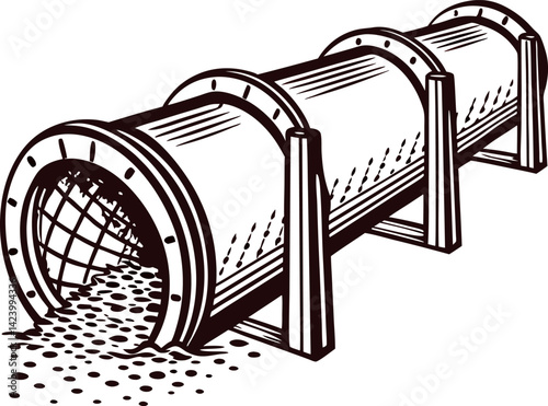 Industrial sifter machine processing granular material in stylized.