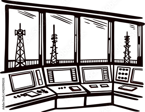 Communication towers and control room with advanced monitoring systems.