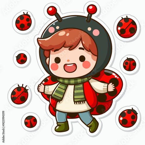 A digital illustration of a cartoon boy wearing a ladybug costume, surrounded by ladybug stickers.
