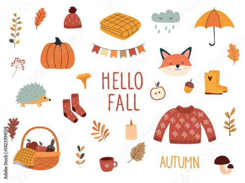 Autumn vector elements set. Cozy fall stickers. Leaves, pumpkins, fall clothes, umbrella, hedgehog, tea. The inscription hello fall. Vector illustration in the hand drawn style.