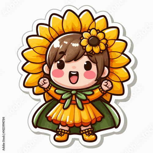 A cartoon girl wearing a sunflower headdress and a heroic costume,  exuding happiness and positivity.