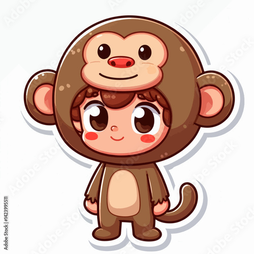 A cartoon image of a child wearing a monkey costume, smiling and standing.