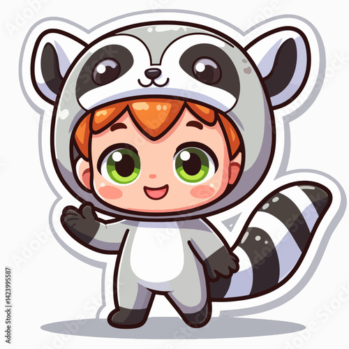 A digital illustration of a child wearing a cartoon raccoon costume,  smiling and waving.