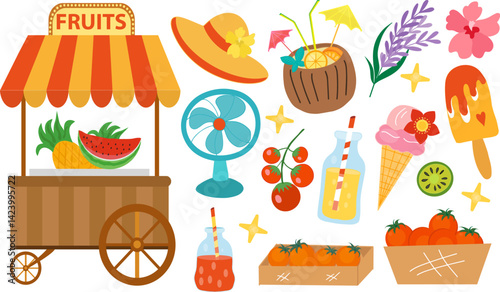 Organic food market street. Food market stalls with fruits and vegetables.Vector cartoon wooden marketplace tents with farm produce.