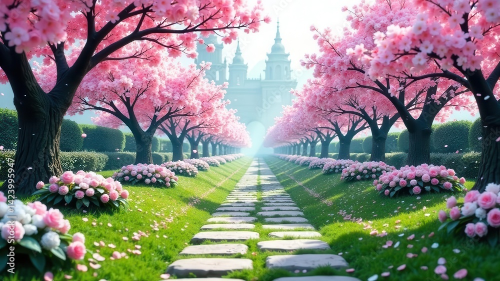 A Serene Pathway Lined with Blossoming Cherry Trees Leading to a Majestic Structure A Serene Pathway Lined with Blossoming Cherry Trees Leading to a Majestic Structure
