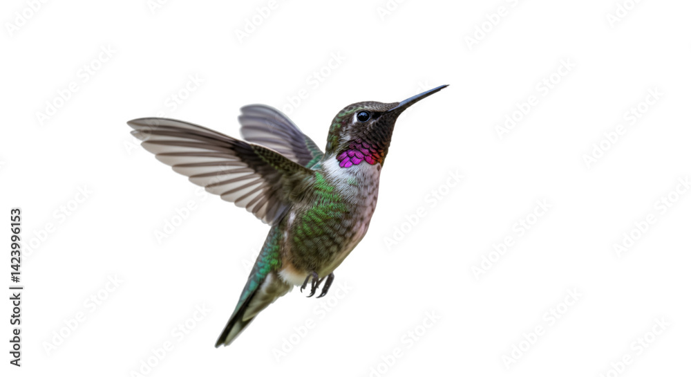 Fototapeta premium Hummingbird flight green pink isolated
