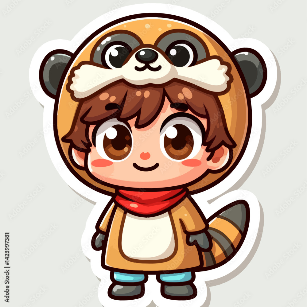 Obraz premium A cheerful cartoon boy is wearing a delightful raccoon costume, showcasing a stylized design.