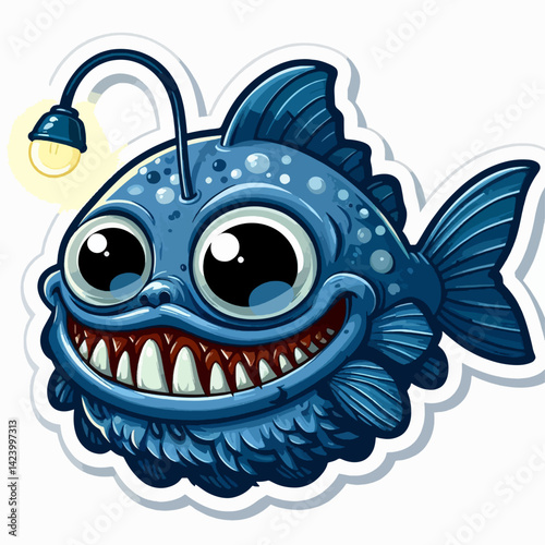 A stylized cartoon depiction of an anglerfish with large eyes and a wide smile, highlighting its friendly, cartoonish features.