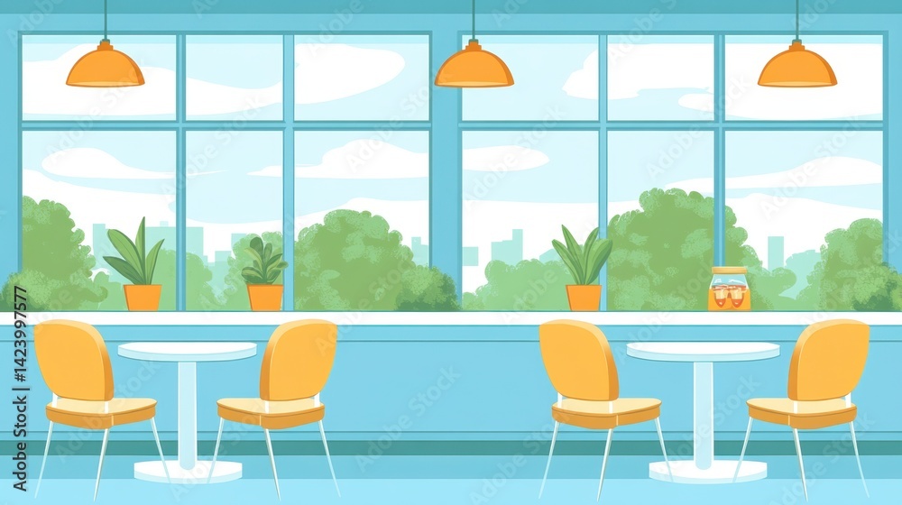 Fototapeta premium Pixel art cafe interior with large windows overlooking a cityscape, featuring light blue walls, yellow chairs, and potted plants.