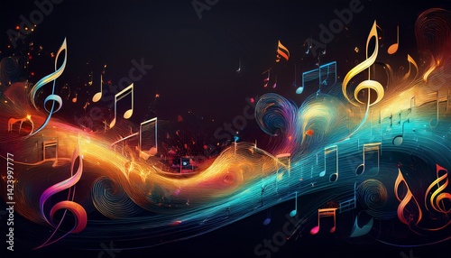 abstract beautiful multicolored music notes with copy space background banner, graphic resource