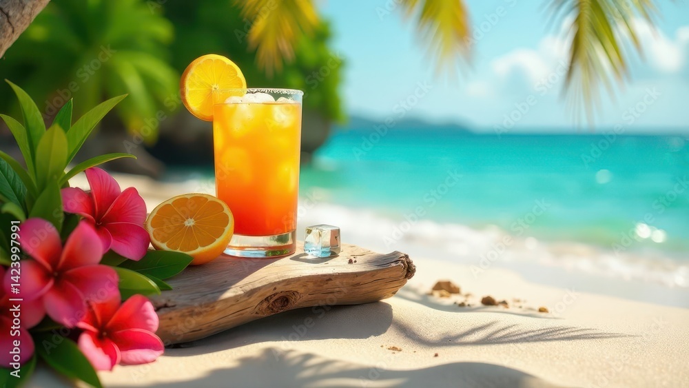 Obraz premium Tropical Beach Paradise Refreshing Iced Beverage on Driftwood with Vibrant Flowers and Ocean View