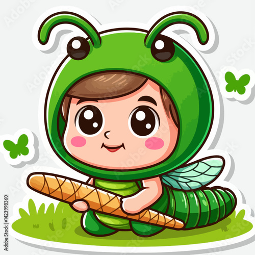 A cheerful cartoon child wearing a vibrant green grasshopper costume and holding a stick, set against a grassy backdrop.
