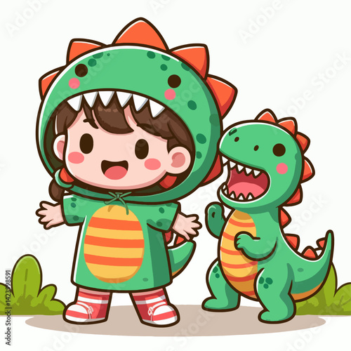 A cartoon illustration of a young girl wearing a dinosaur costume, standing next to a smaller dinosaur figure.