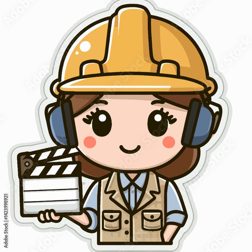 A cartoon depiction of a cute female construction worker, holding a movie clapperboard, suggesting a blend of construction and filmmaking roles.