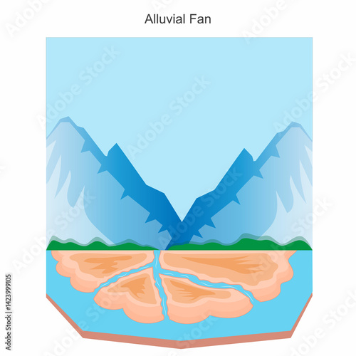 An alluvial fan is a fan shaped deposit of sediment formed where a stream slows down and spreads out, typically at the base of mountains or hills.Geographical illustration.