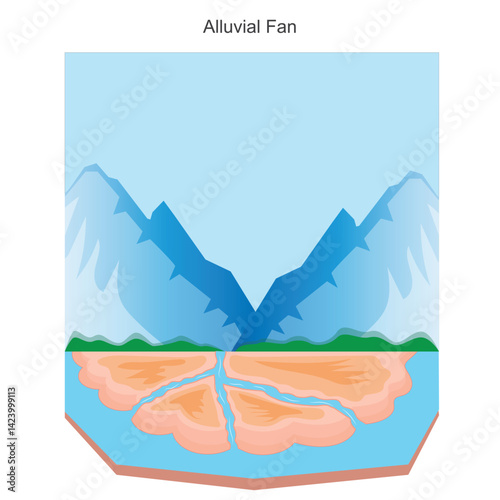 An alluvial fan is a fan shaped deposit of sediment formed where a stream slows down and spreads out, typically at the base of mountains or hills.Geographical illustration.