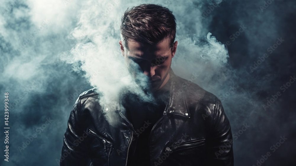 Brooding man in leather jacket enveloped in mysterious smoke plumes Brooding man in leather jacket enveloped in mysterious smoke plumes