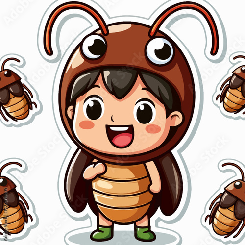 A cheerful child dressed in a cockroach costume, with multiple cockroaches surrounding the character.