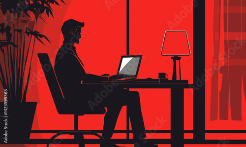 Minimalist Flat Design of Businessman Working from Home on Laptop, Vector Illustration