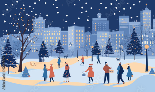Charming Winter Wonderland Scene with Festive Cityscape and Celebrating People