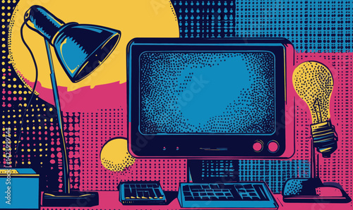 Vintage Pop Art Halftone Collage with Retro Technology and Space Elements