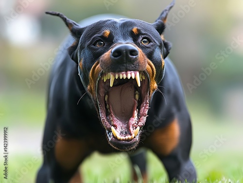 Aggressive Doberman Pinscher growling. photo