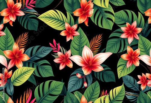 Abstract tropical leaf and flower seamless pattern Modern exotic design with ample negative space, greenery, pattern design