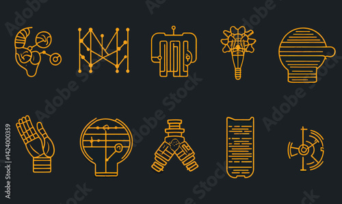 Bioengineering Linear Icons Set: Biomaterials, Biomechanics, Nanotechnology, and Bioreactors