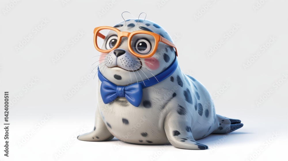 Cute cartoon seal with orange glasses and blue bow tie on white background