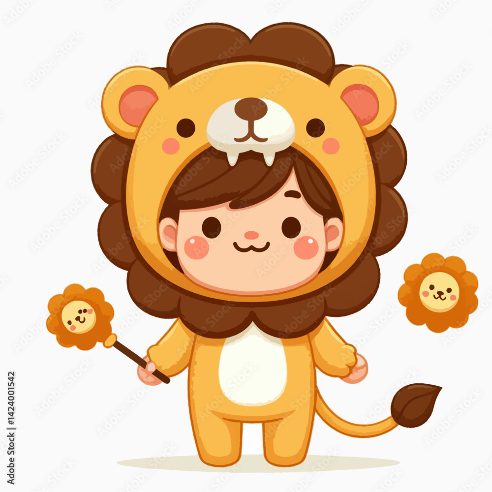 Obraz premium A digitally illustrated cartoon child dressed in a lion costume holding a decorative wand.