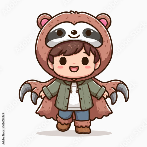 A cartoon boy wearing a sloth costume, designed for a fun, playful visual.