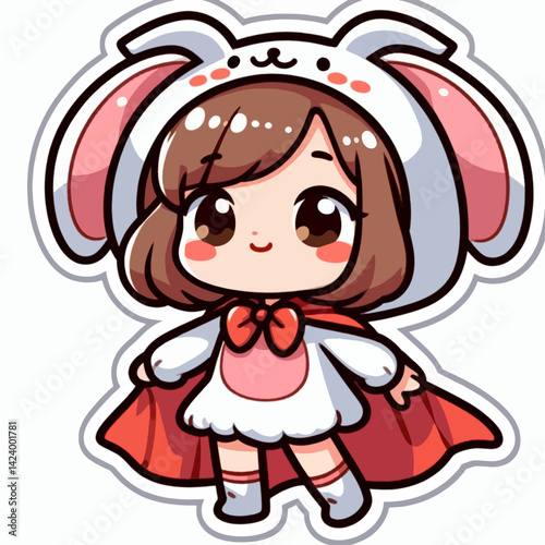 A cartoon girl, dressed as a bunny with a red cape, in a kawaii style.