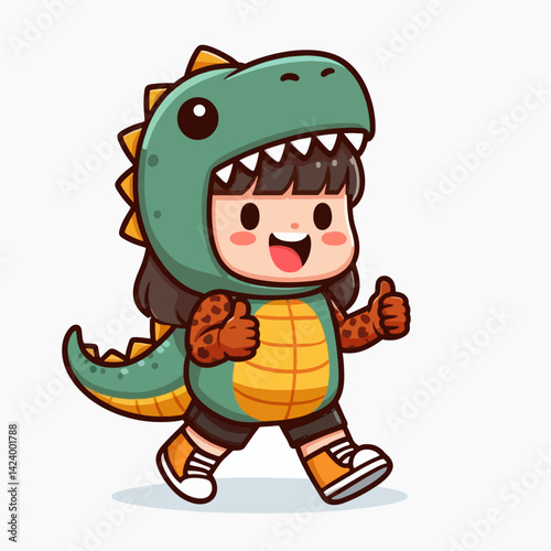 A cartoon girl in a dinosaur costume, giving a thumbs-up gesture, a depiction of joyful festivity and imagination.