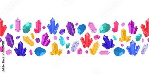 Colorful Crystal and Gemstone Seamless Border Vector illustration. Seamless border with colorful crystals and gemstones, various shapes . Vector design wrapping paper, stickers,backgrounds