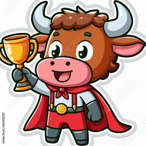 A cartoon bull wearing a superhero costume and holding a trophy, depicting victory and success. photo
