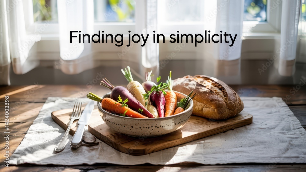 Rustic table setting with fresh vegetables and bread, text