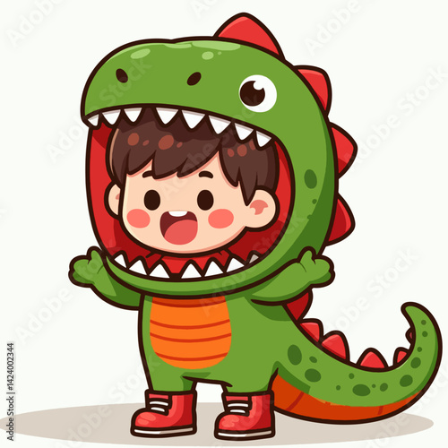 A cartoon child in a vibrant green dinosaur costume, expressing joy and excitement.