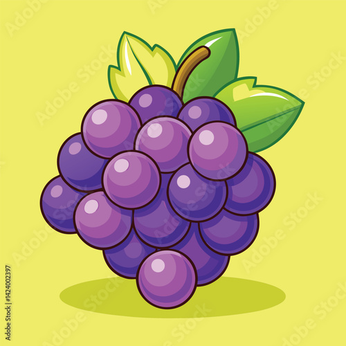 CartoonStyle Grapes with Green Leaves on Yellow Background, Vibrant and Playful